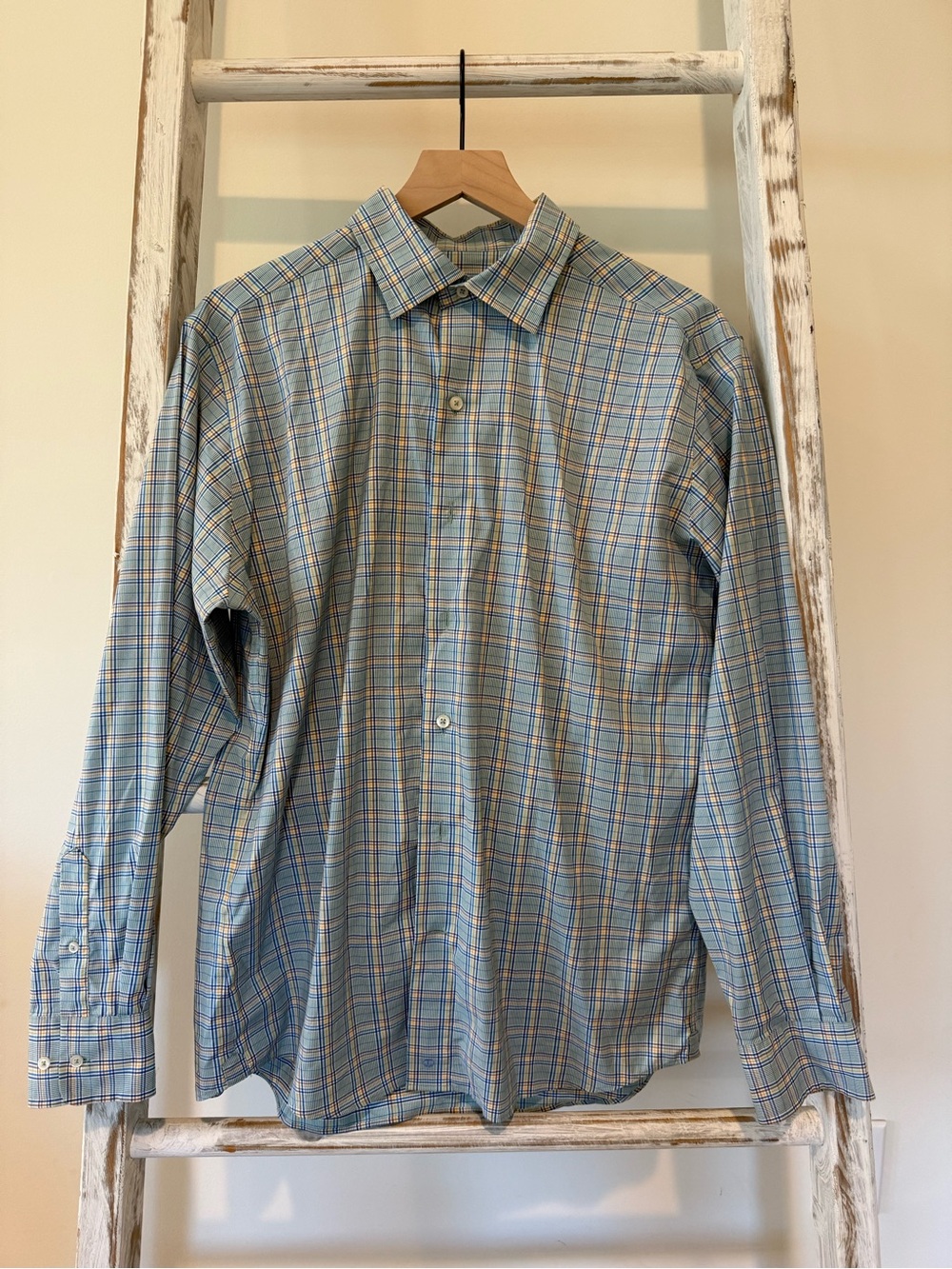 David Donahue Blue and White Plaid Dress Shirt